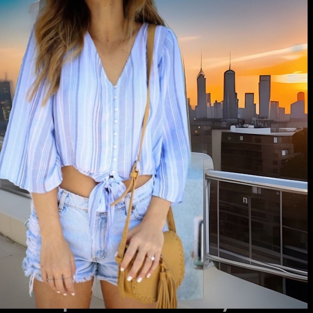 Deep V Neck Striped Front Tie Knot Button Down 3 Quarter Sleeves Crop Shirt